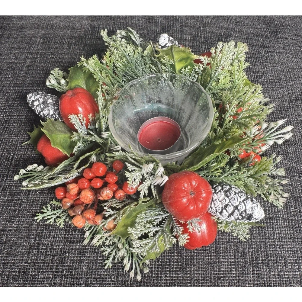 Fire King Candle Ring Plastic Christmas Pinecones Apples Holly And Berries